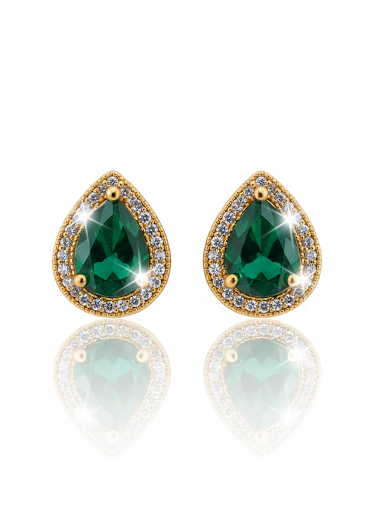 Pair of emerald green teardrop earrings with gold accents on a white background