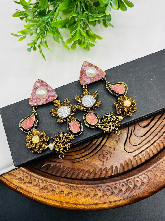 Blush Pink Aurora Druzy Bloom earrings with soft pink druzy textures, pearl studs, and gold-tone floral metalwork.