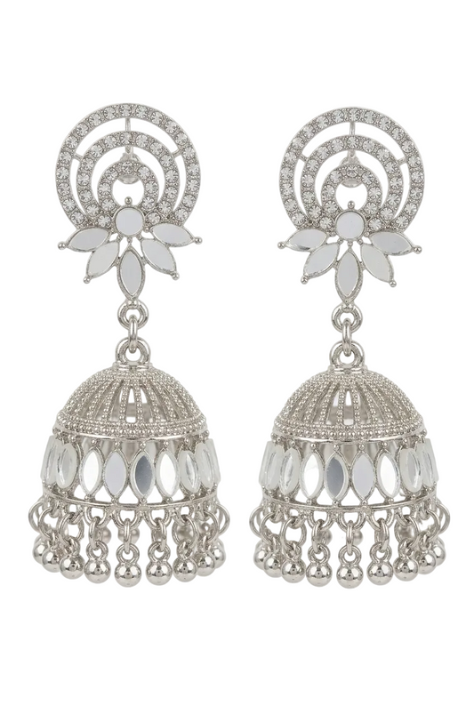 Pair of silver jhumka earrings with floral designs on a white background