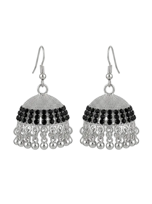 Pair of silver and black beaded earrings on a white background